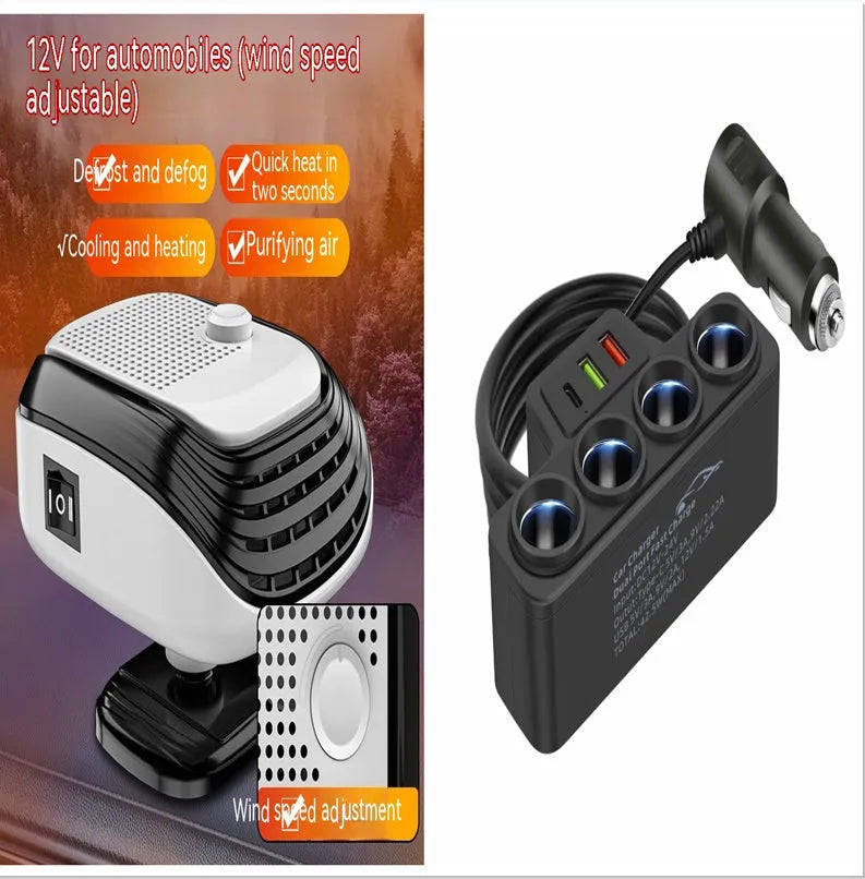 Car-mounted cigarette lighter adapter with dual USB, QC and PD ports, one-to-four socket splitter, 120W, 3.1A, 5V/12V/24V