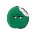 Yellow and green latex dog chew toy shaped like an egg bread with a cartoon puppy pattern.