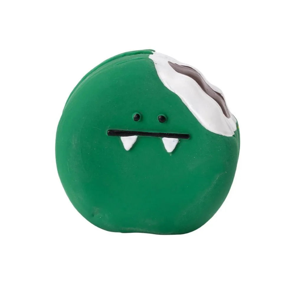 Yellow and green latex dog chew toy shaped like an egg bread with a cartoon puppy pattern.