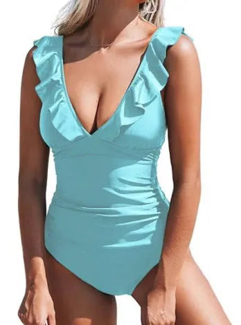 Women's lace-up V-neck one-piece swimsuit with flounce detail in a solid colour.