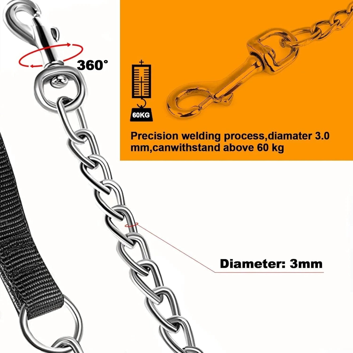 Heavy-duty metal dog leash with soft padded handle, 120cm chew-proof chain for large and medium dogs