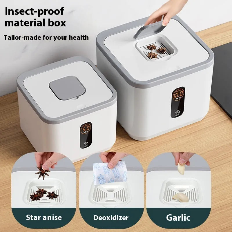 Grey plastic rice storage jar with sealed lid and measuring cup for 10kg 20kg or 30kg capacity