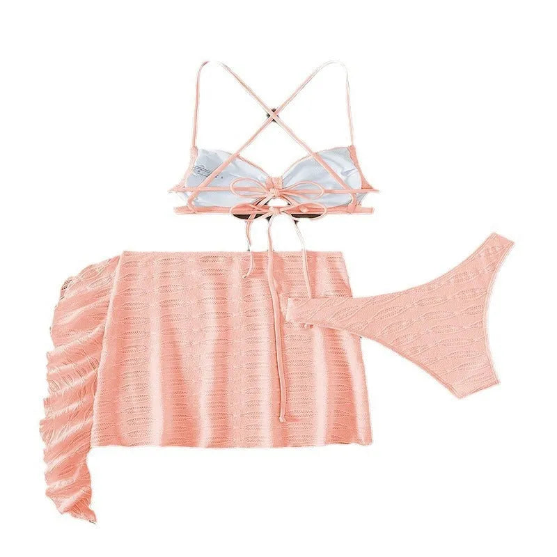Women's light pink lace-up bikini three-piece swimsuit set with skirt cover-up