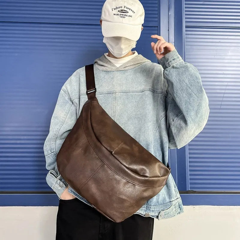 Brown retro-style men's crossbody bag showing front view with dimensions 50x29x3cm