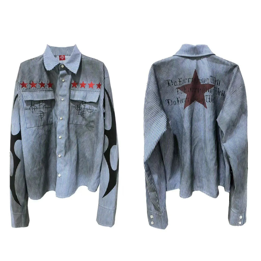 Washed blue striped long sleeve men's shirt with lapel collar