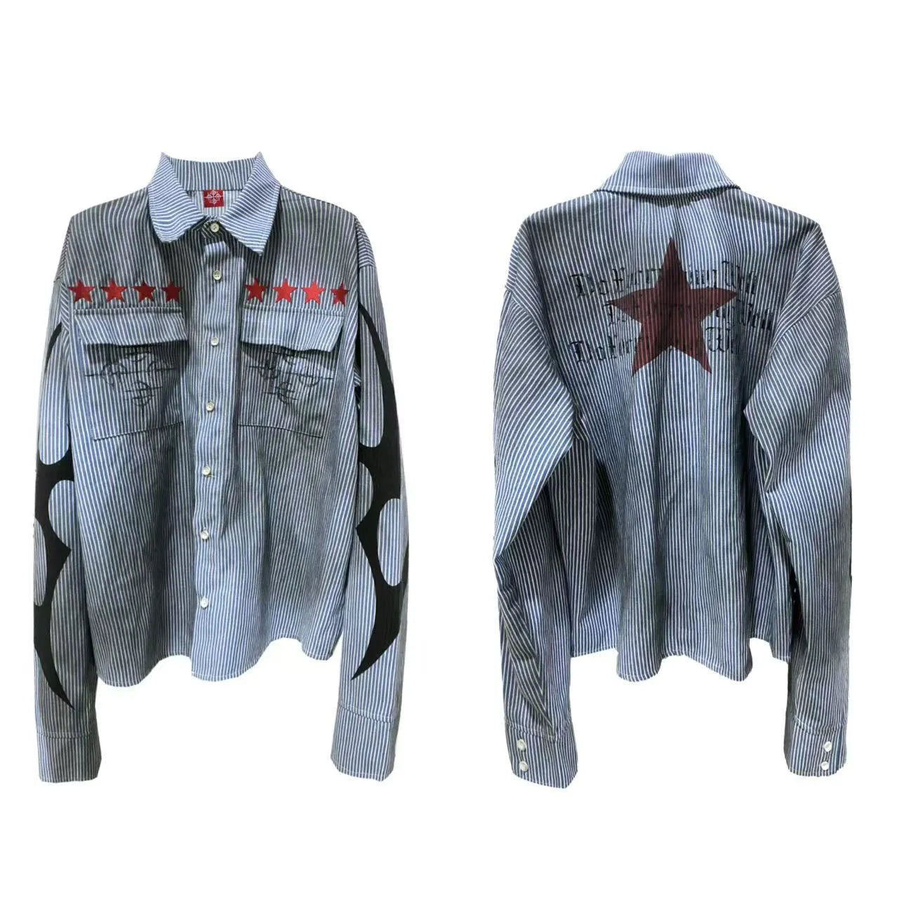 Washed blue striped long sleeve men's shirt with lapel collar