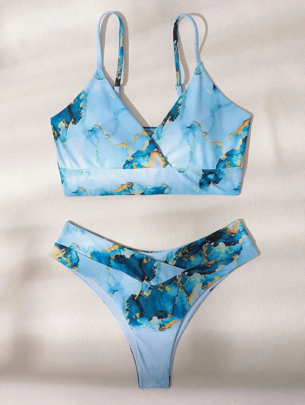 Women's marble tie-dye bikini set with U-neck top and high-waist briefs in various colours for swimming