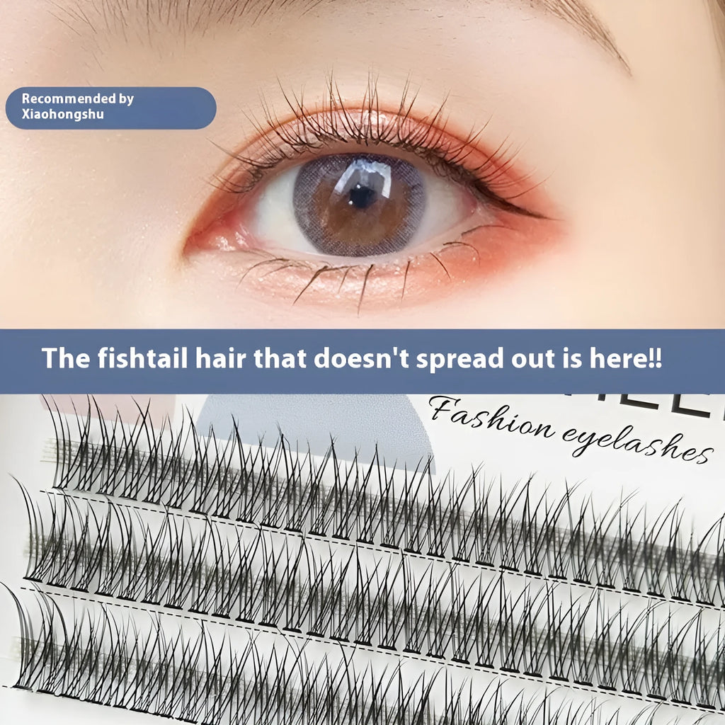 Black V-shaped fairy fishtail false eyelashes with thick segments on a clear band