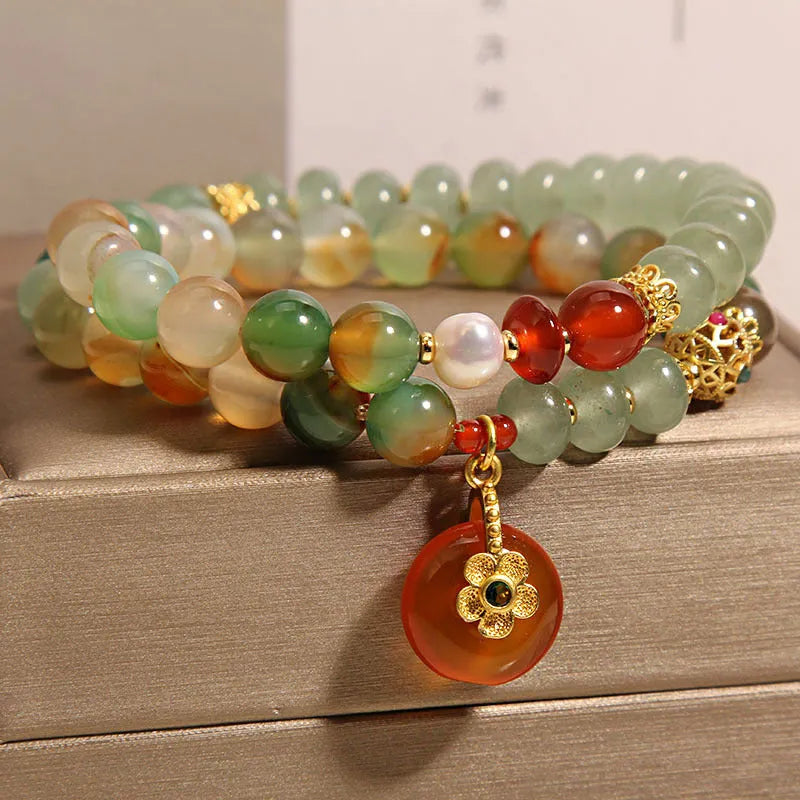 Peacock green agate double ring women's bracelet with safety buckle and rhinestone details
