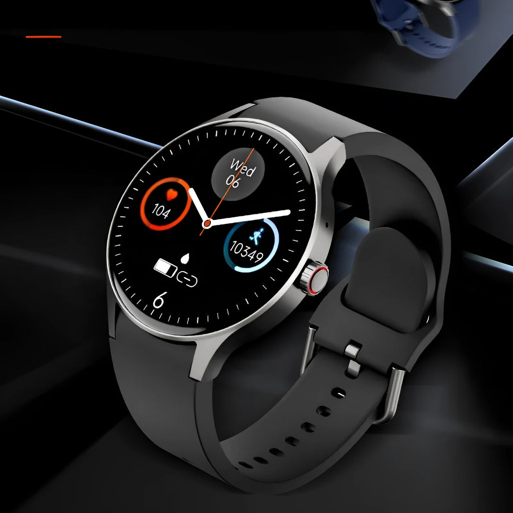 46mm smartwatch with AMOLED display showing health metrics, available in multiple colour and strap options