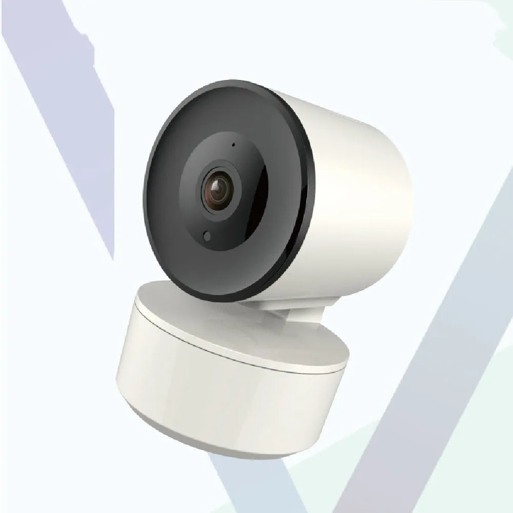 Smart WiFi indoor security camera with 1080p clarity and 355-degree rotation on desktop