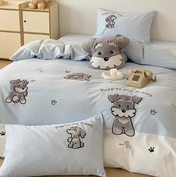 Schnauzer cartoon pattern cotton bedding set with embroidery detailing on quilt cover and pillowcases