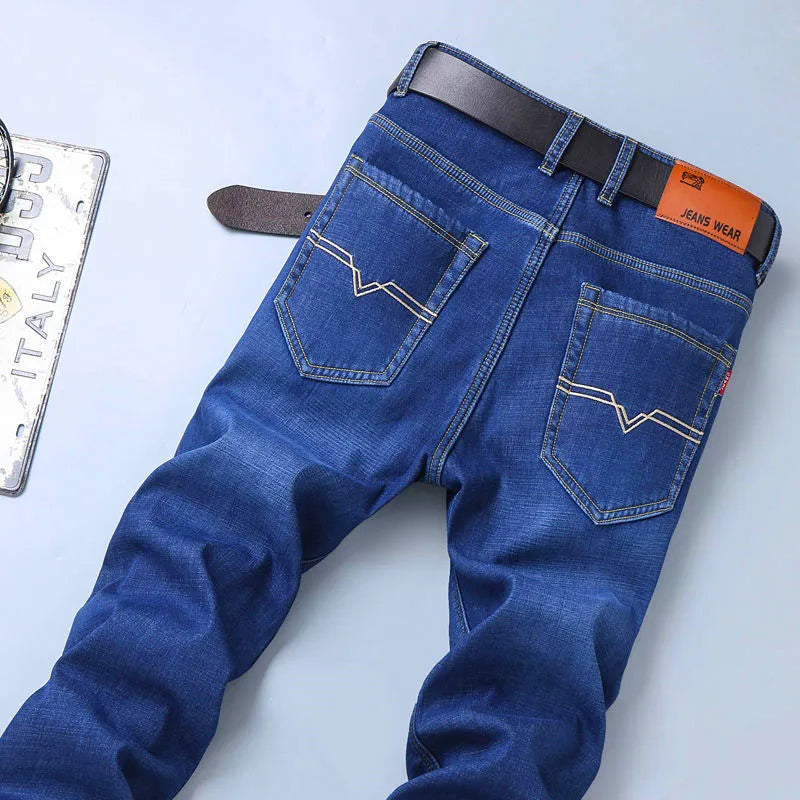Men's ice silk stretch jeans, loose straight high waist, blue or black, sizes 28-40