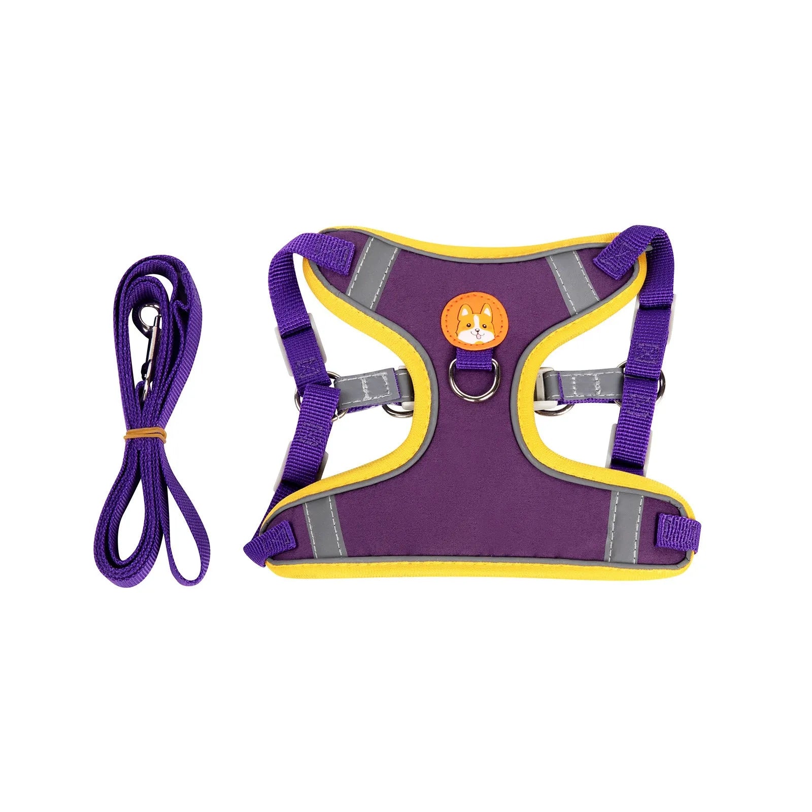 Adjustable dog harness with chest strap in purple colour, showing metal D-ring and adjustable buckles