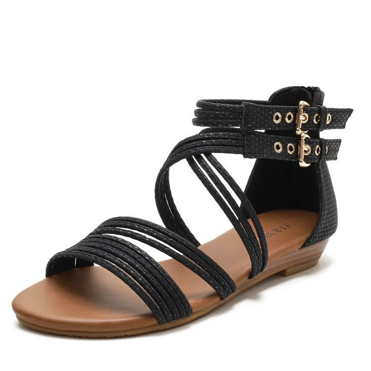 Women's open toe Roman sandals with cross straps, buckle, thick rubber sole, and a back zipper in light green.