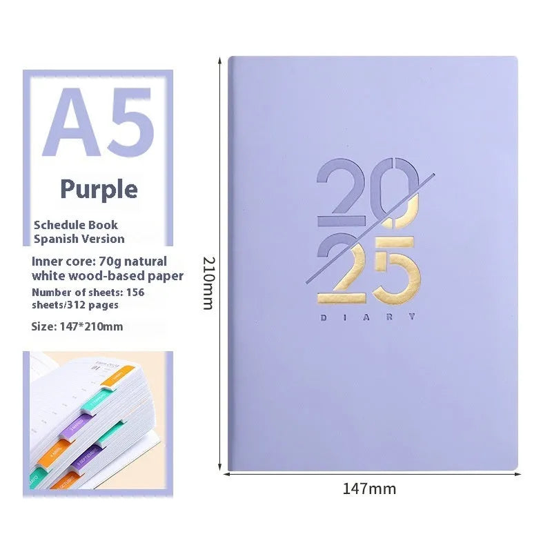 A5 daily planner with faux leather cover open to show 150 sheets of Dorian paper and lying-flat thread binding