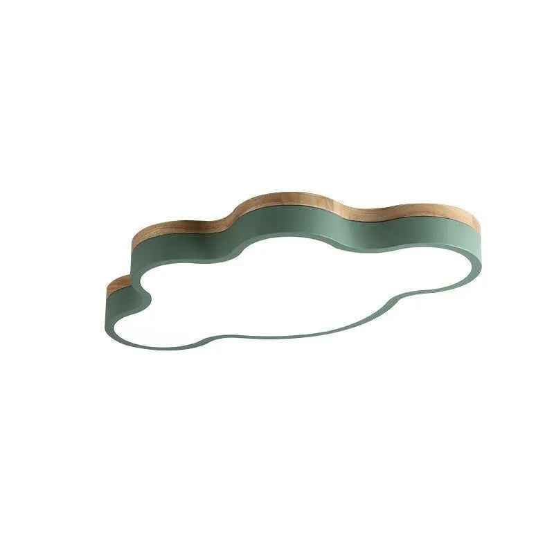 Cloud-shaped LED ceiling lamp with wooden frame in choice of four colours, showing even light distribution and modern design