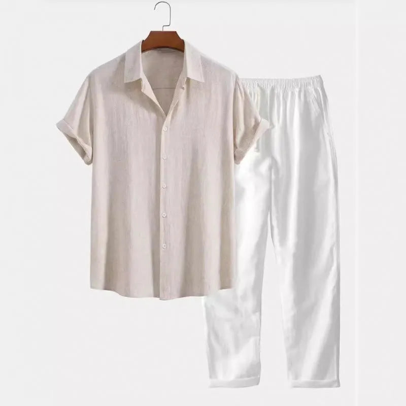 Men's loose fit linen blend shirt and trousers set in various colours, showing short sleeves and casual style
