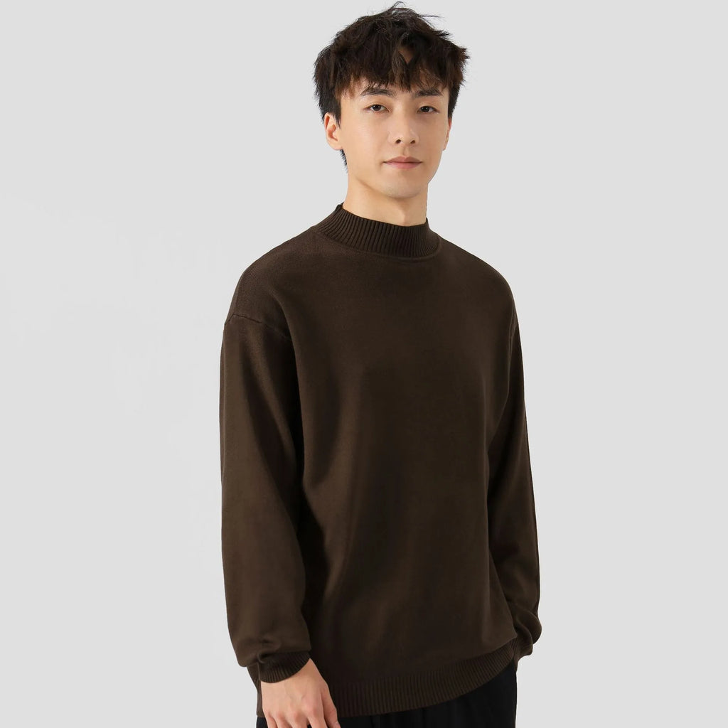 Men's solid colour loose long-sleeved pullover sweater on a hanger, shown in army green.