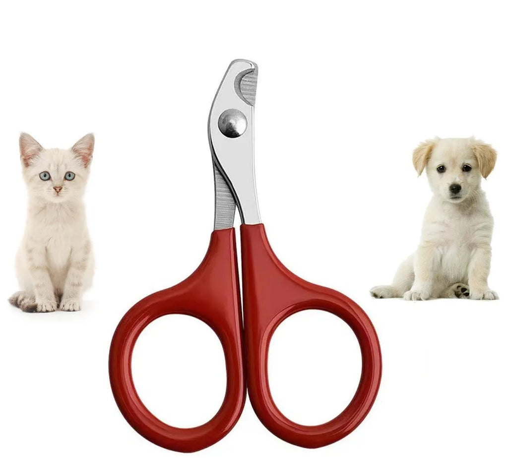 Professional stainless steel pet nail clippers with coloured plastic and rubber handle.