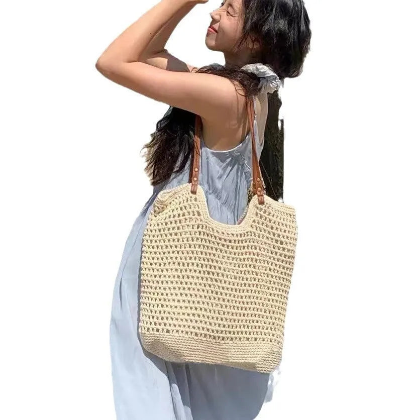 Beige woven cotton linen large capacity shoulder bag with shoulder strap