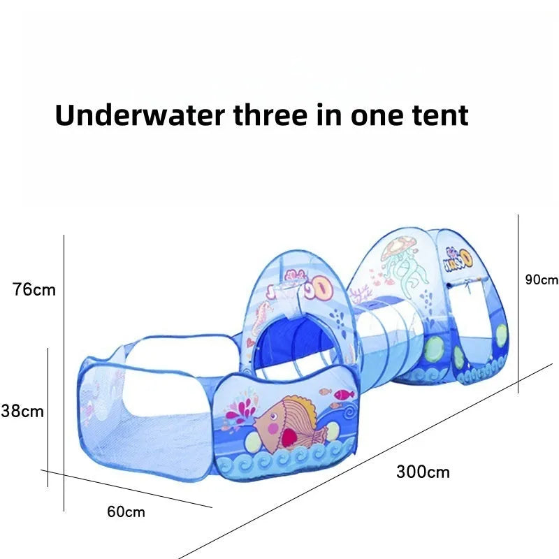Three-piece children's play tent with marine cartoon design and tunnel sections for 4-6 year olds