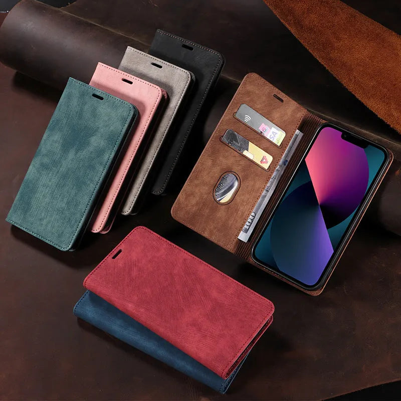 Magnetic flip phone case in grey colour with TPU and leather materials, showing closed flap for iPhone protection