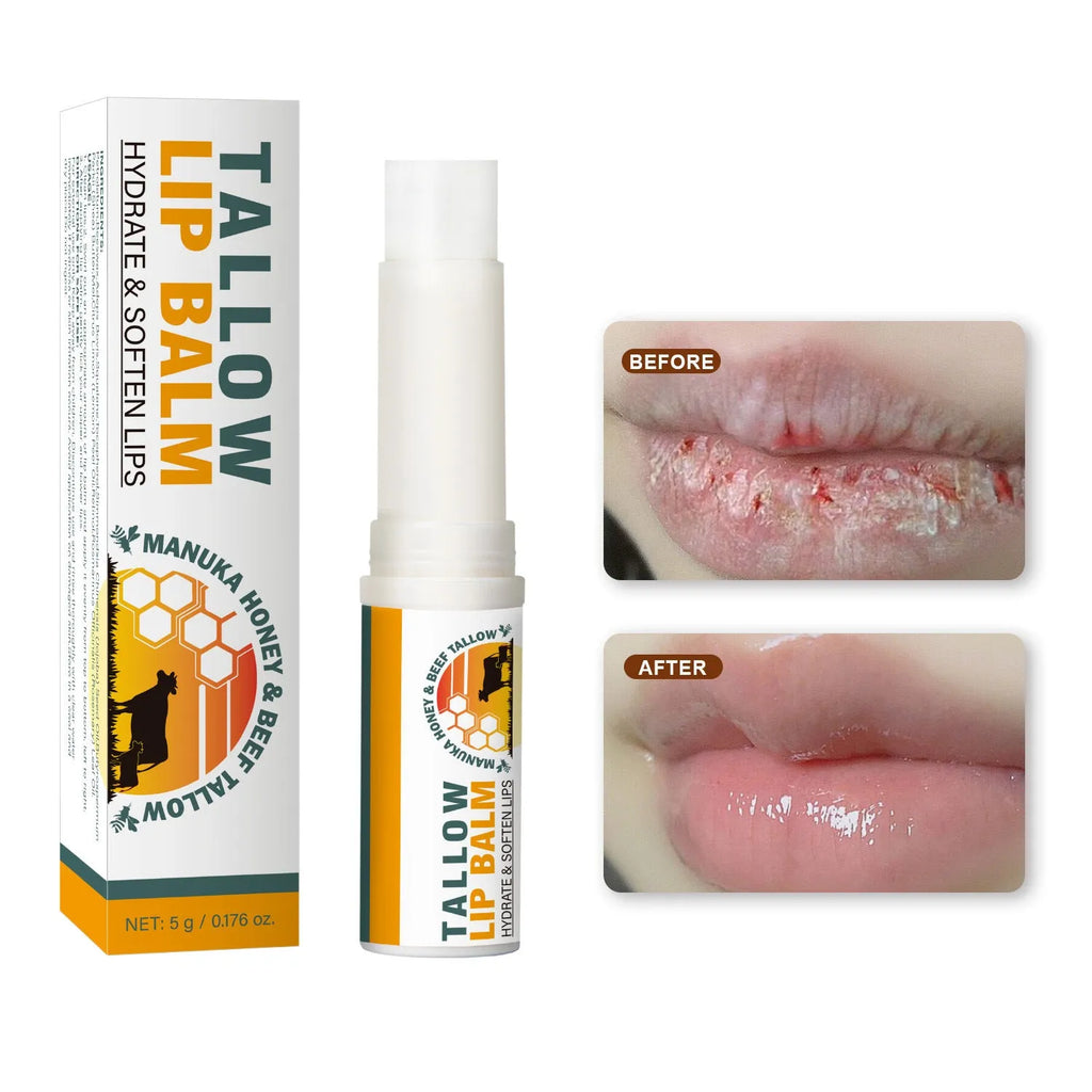 Tallow lip balm stick measuring 83mm long with 19mm square profile and 5g weight
