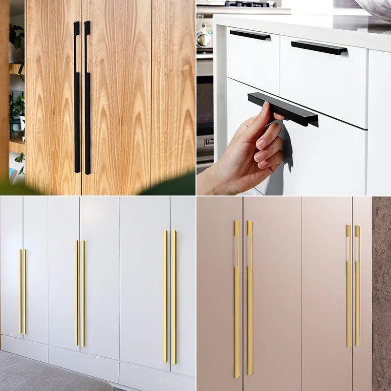 Gold T-shape single hole cabinet handle with aluminium alloy construction and multiple hole spacing options