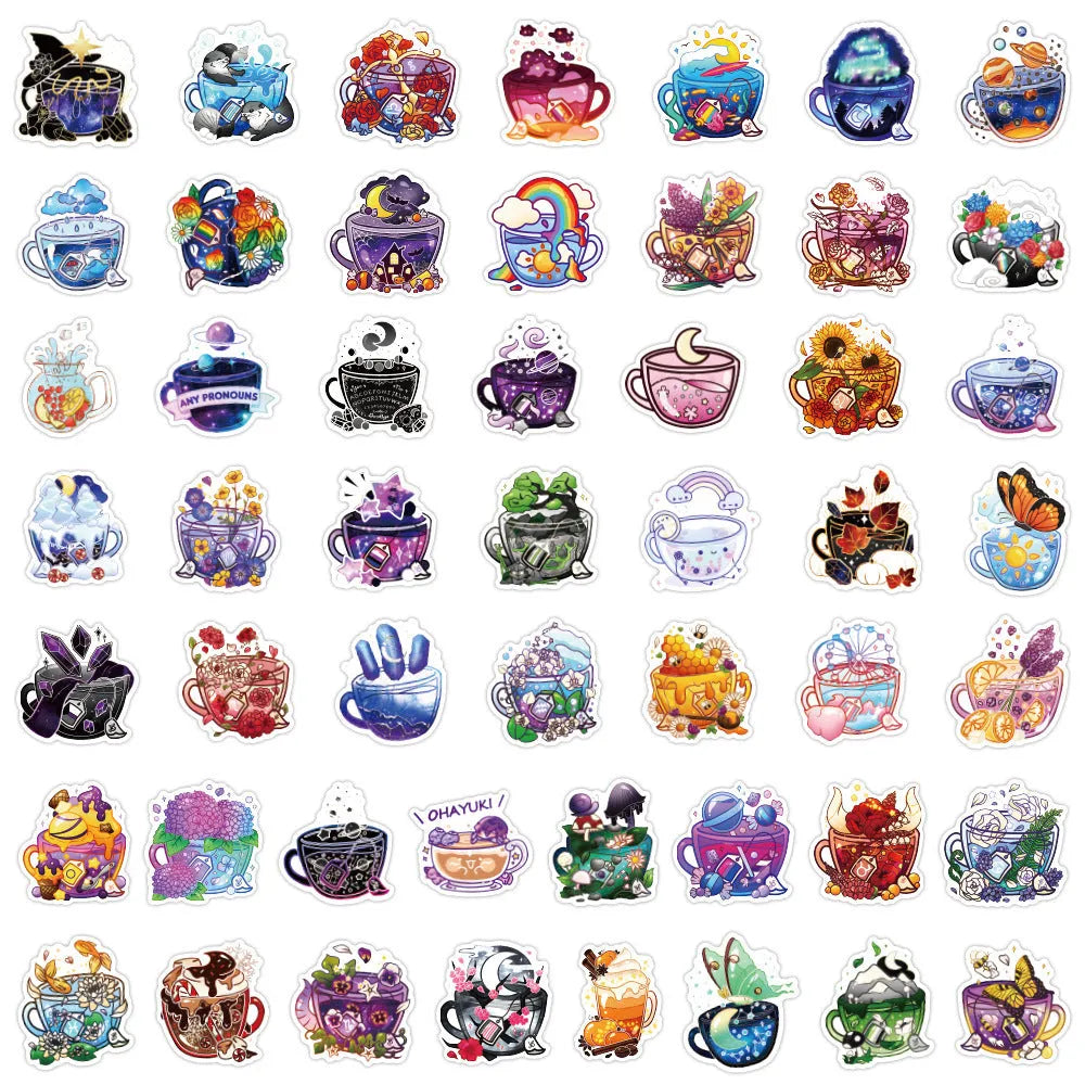 Pack of 50 colourful tea cup graffiti stickers in Nordic style for DIY luggage and scooter decoration