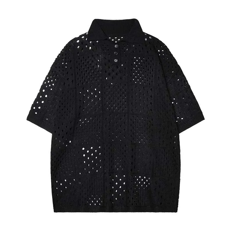 Black and white hollow knit polo shirt with short sleeves and loose cardigan fit