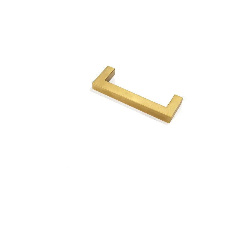 Stainless steel square pipe cabinet door handle in brushed silver finish, shown alongside black and gold colour options.