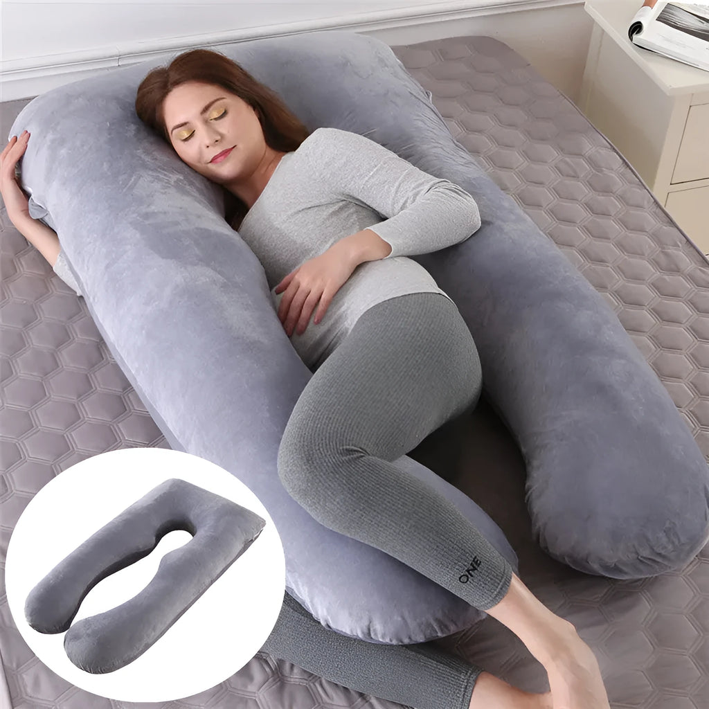 U-shaped pregnancy pillow in light blue with ice silk fabric, showing full 130cm length