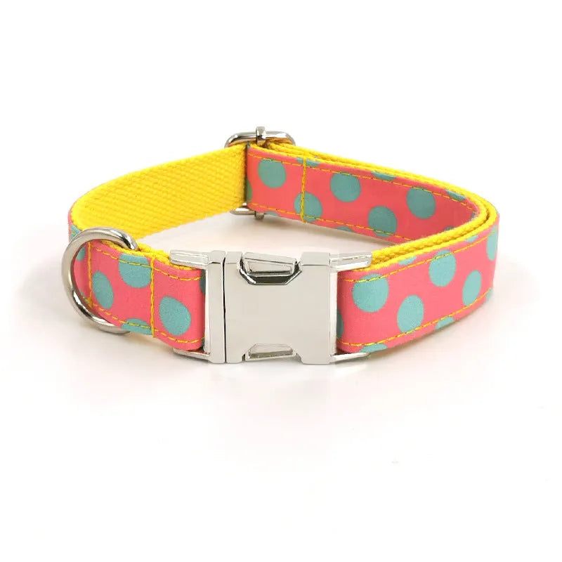 Yellow polka dot dog collar and lead rope set with bow detailing