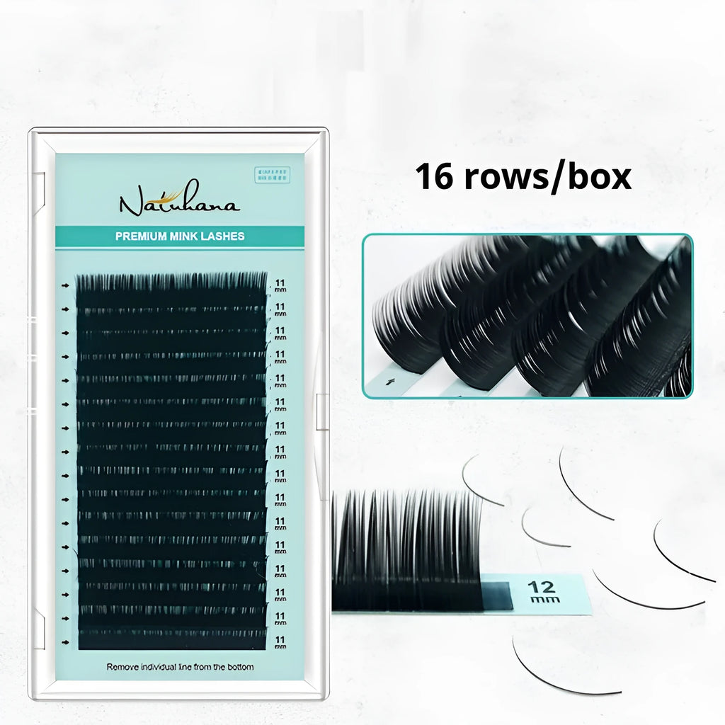Soft velvet false eyelashes showing artificial fibre lashes in various lengths from 7mm to 15mm.