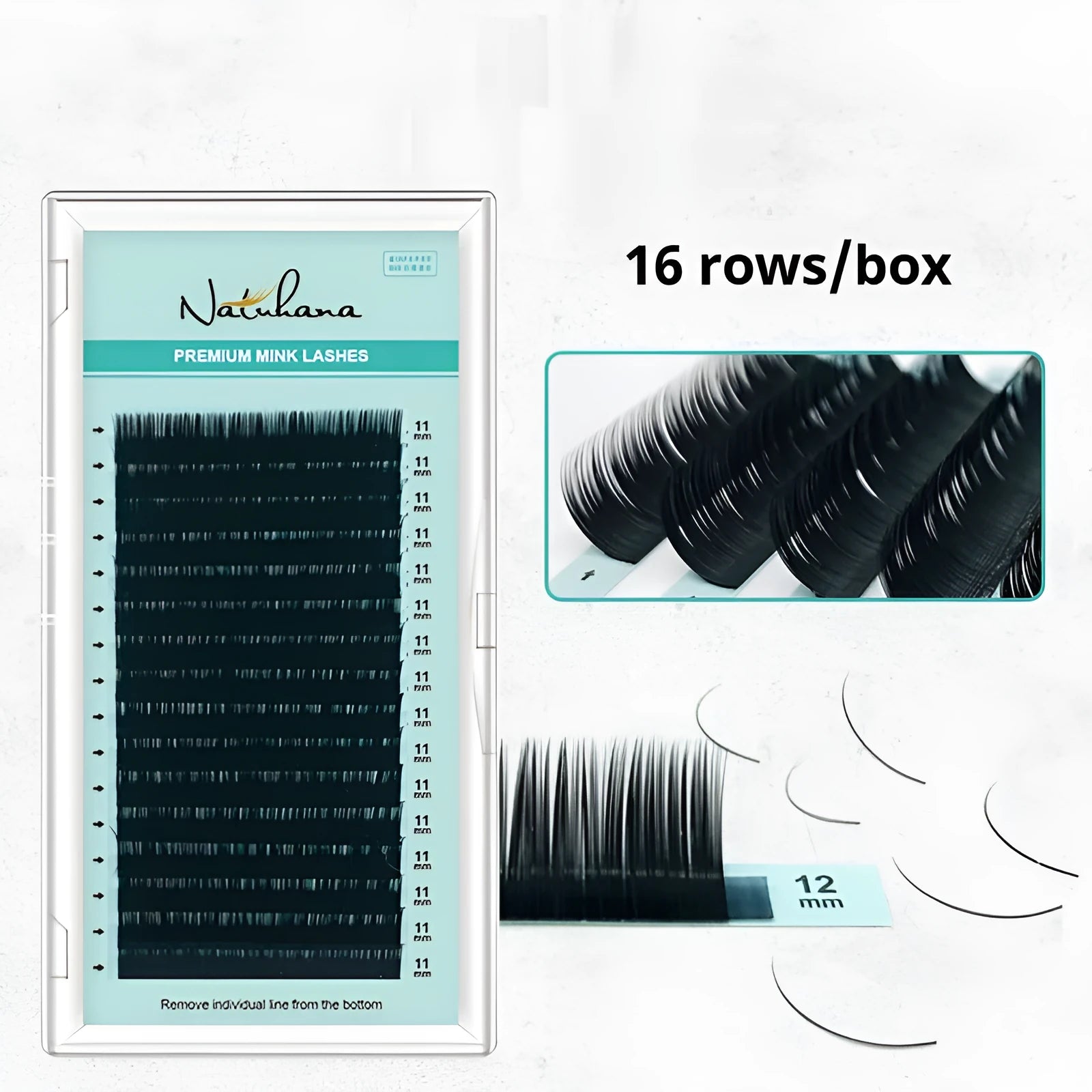 Soft velvet false eyelashes showing artificial fibre lashes in various lengths from 7mm to 15mm.