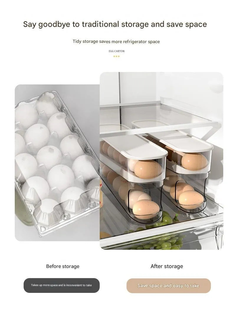 Transparent white refrigerator slide-out egg tray with automatic dispenser mounted on refrigerator door