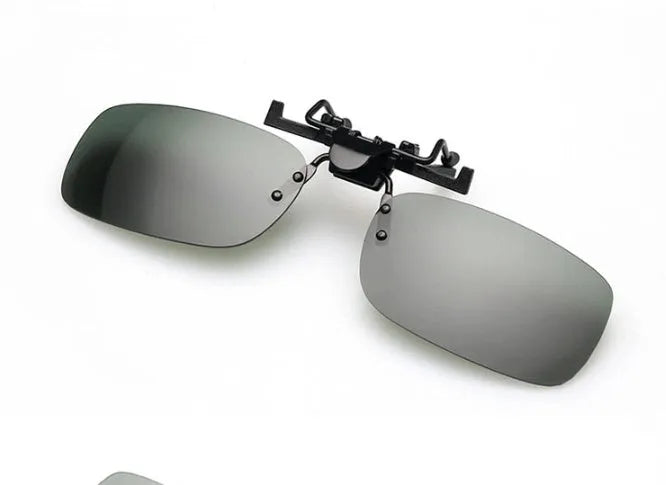 Clip-on myopia sunglasses showing PC lens in choice of grey, dark green or night vision tint, designed for driving and outdoor sports.