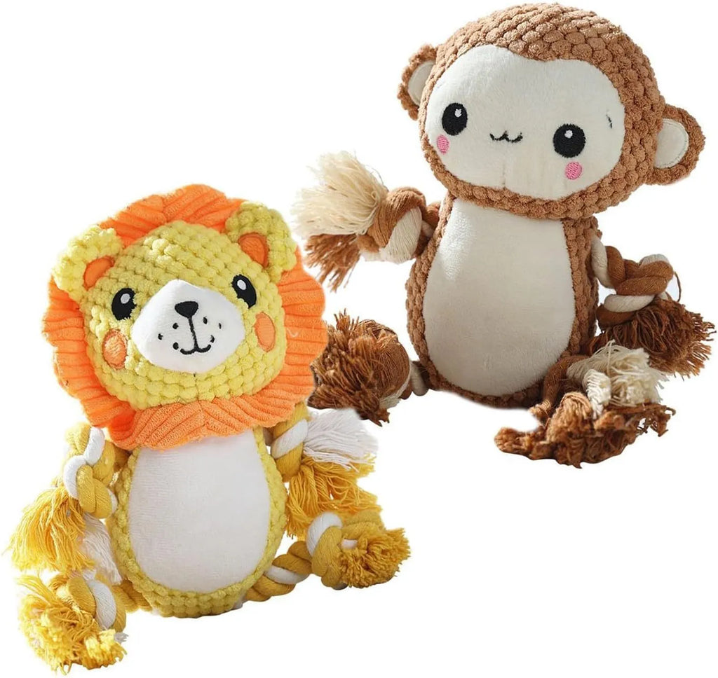 Two plush squeaky dog toys showing lion and monkey designs for medium to large breed dogs