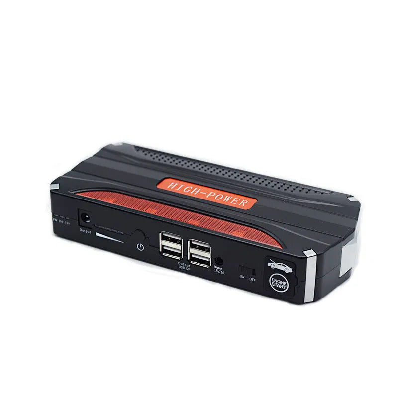 Black and red vehicle jump starter measuring 178mm long with battery clamps and 7800mAh capacity