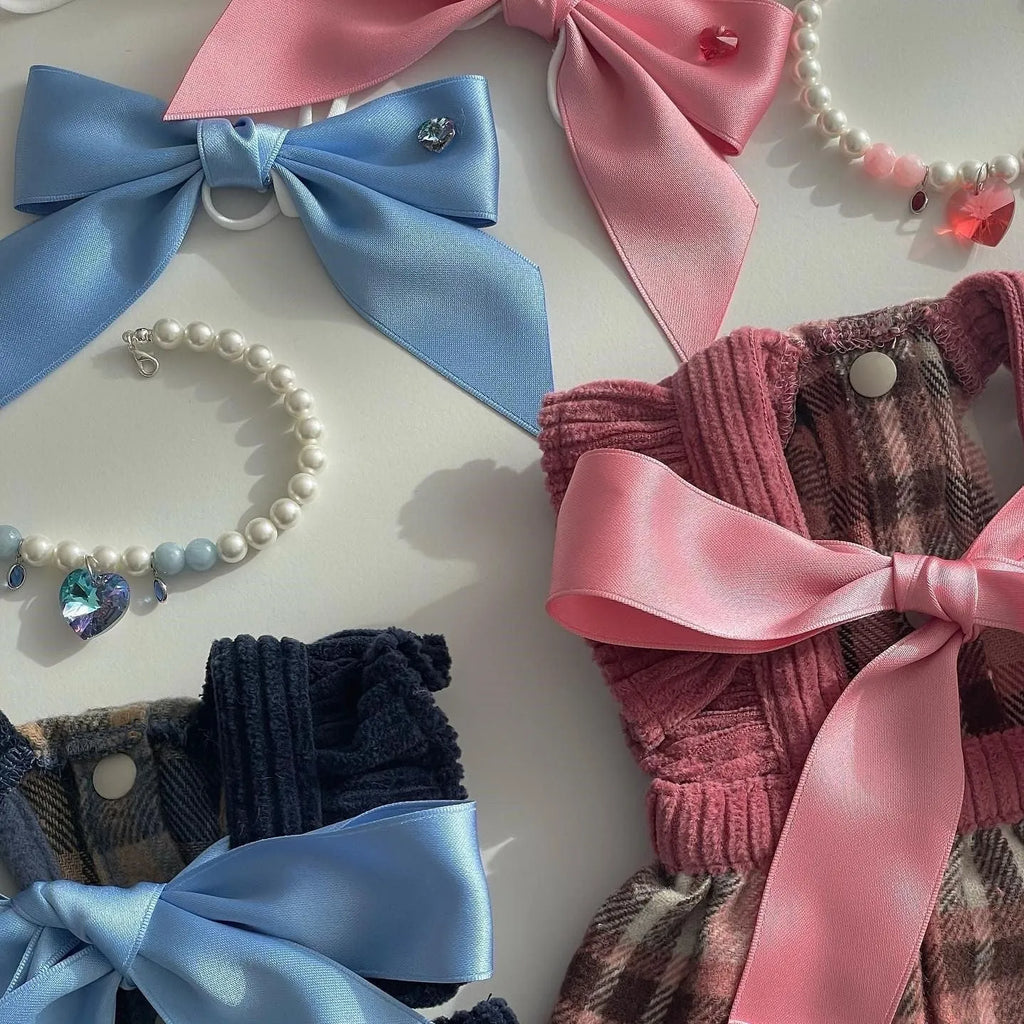Adjustable dog hair band with princess-style bow on polyester cotton ribbon