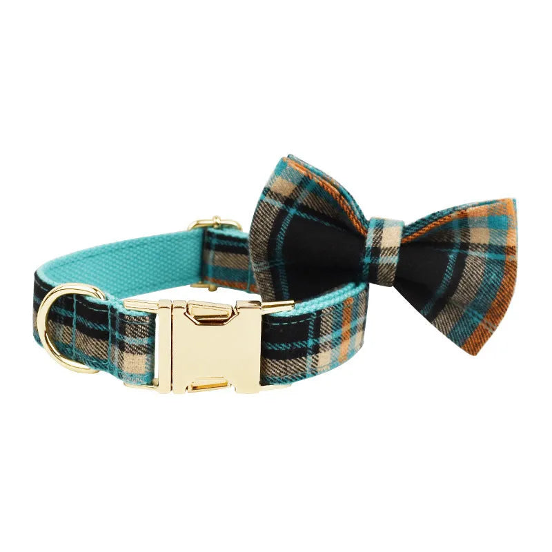 Green retro pattern dog collar, leash, bow, and vest four-piece accessory set