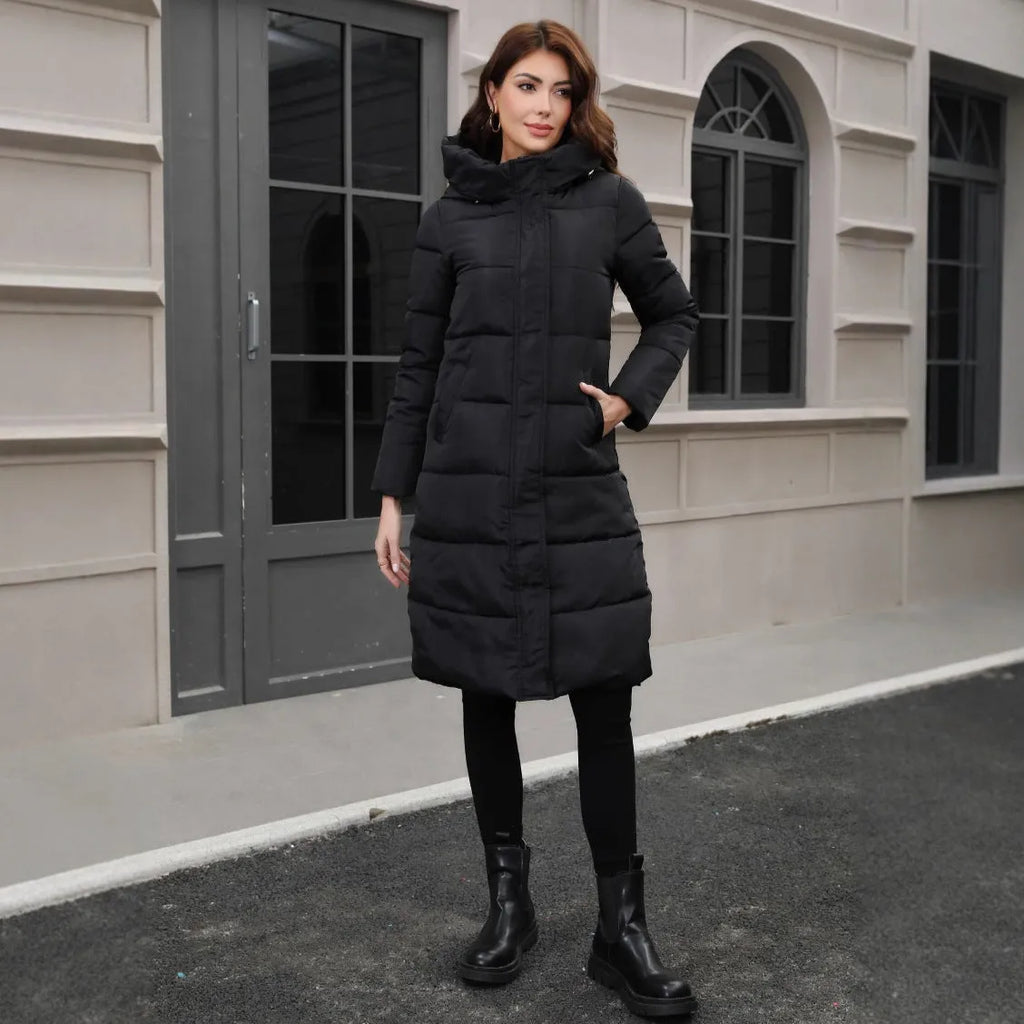 Black hooded slim fit winter jacket with long sleeves on man