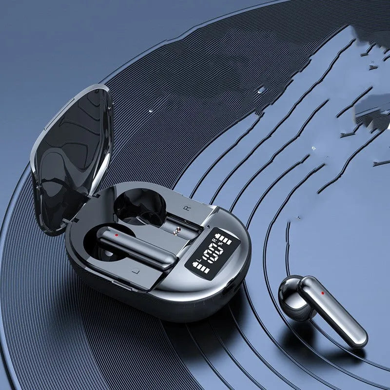 Black wireless Bluetooth in-ear headset with digital display screen and compact charging case