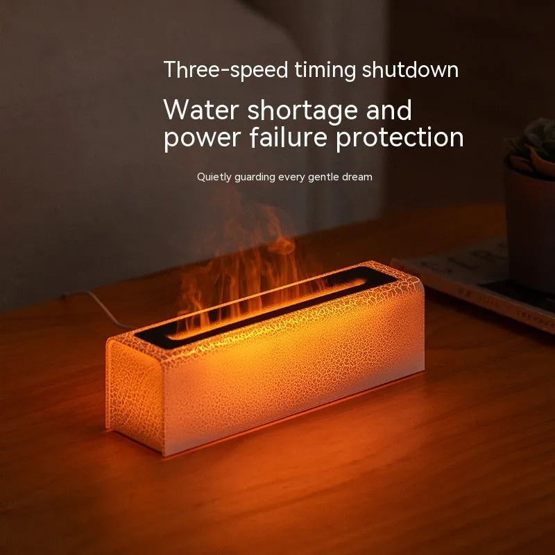 Square desktop humidifier with colourful flame lighting effect, measuring 15x15x20cm, showing water mist emission