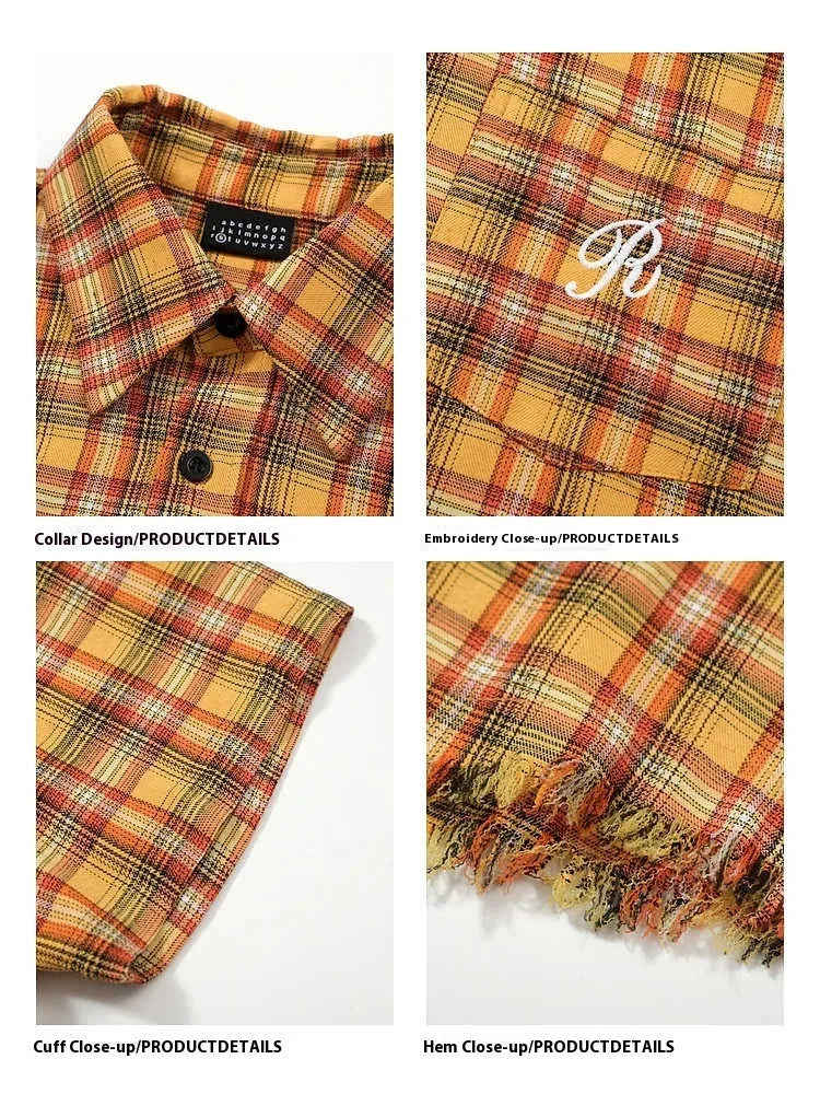 Yellow grid plaid short sleeve shirt with American embroidery pocket, loose fit for men and women