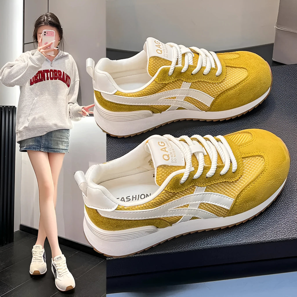 Women's white casual lace-up sneakers with round toe and non-slip plastic sole