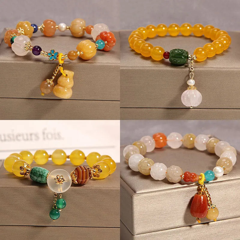 Yellow agate crystal bracelet for women with adjustable 18-22cm length in khaki colour and gold silk