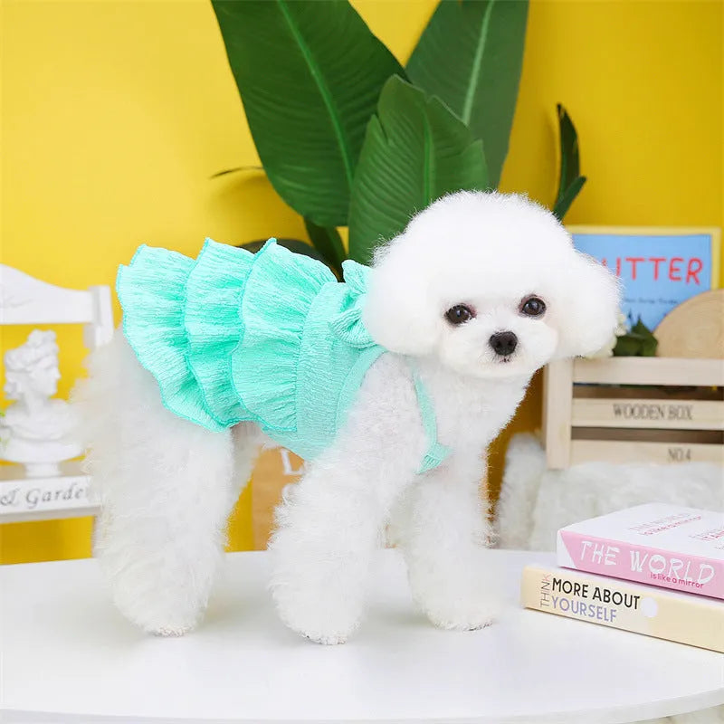 Polyester princess dress for small dogs with layered skirt and hair candy details in rose red colour