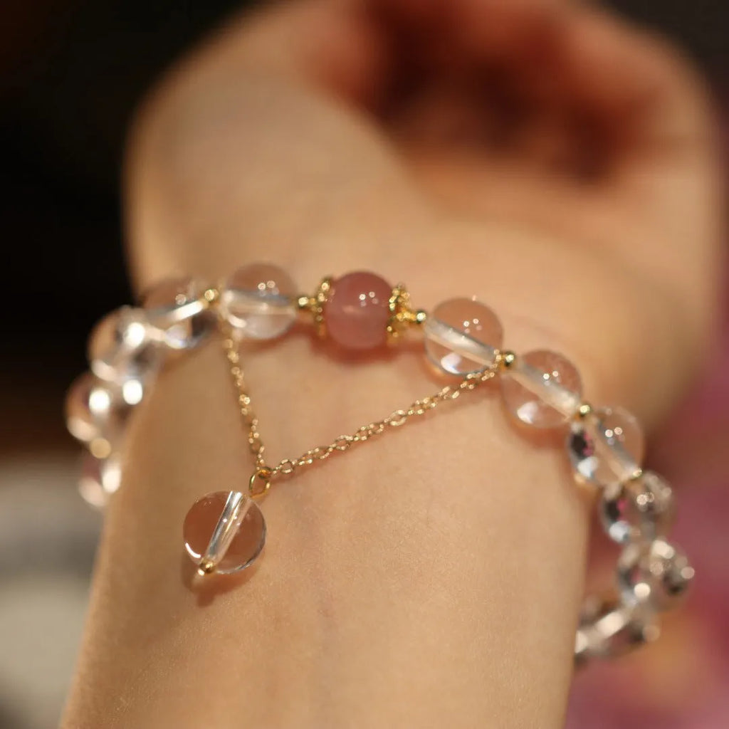 White crystal geometric bracelet with cat eye obsidian stones and Chinese auspicious patterns